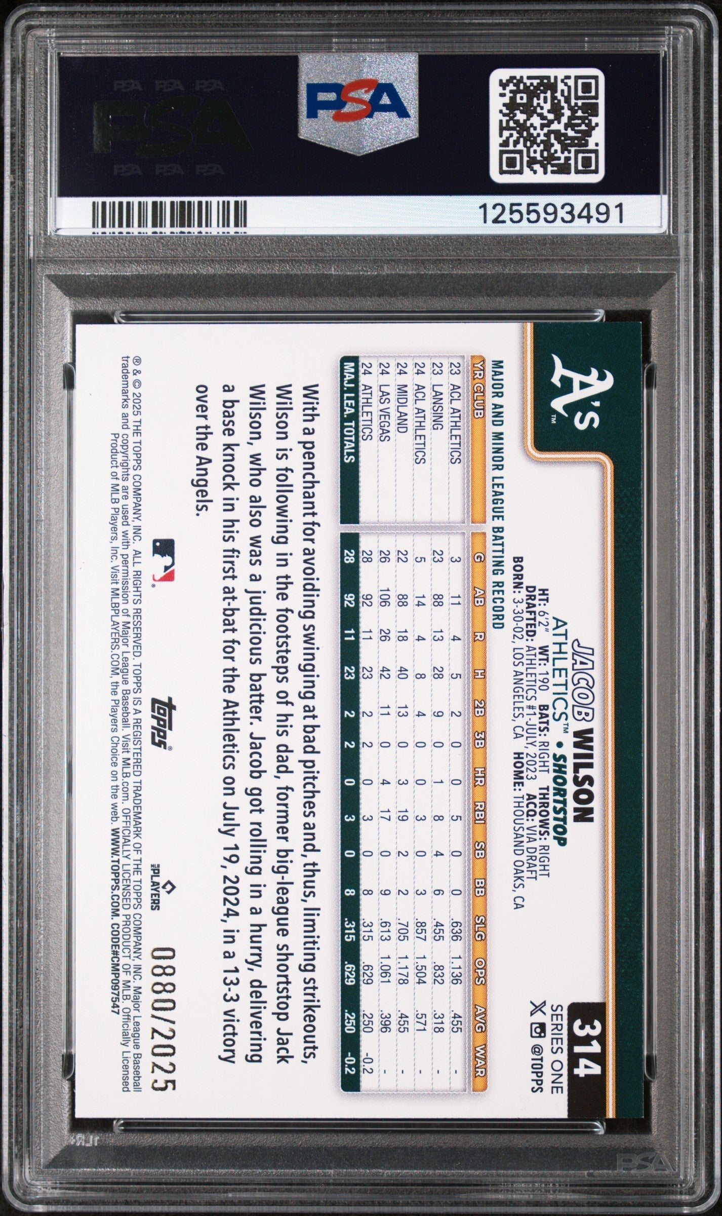 2025 Topps Jacob Wilson Gold /2025 #314 PSA 9 - Graded Sports Cards