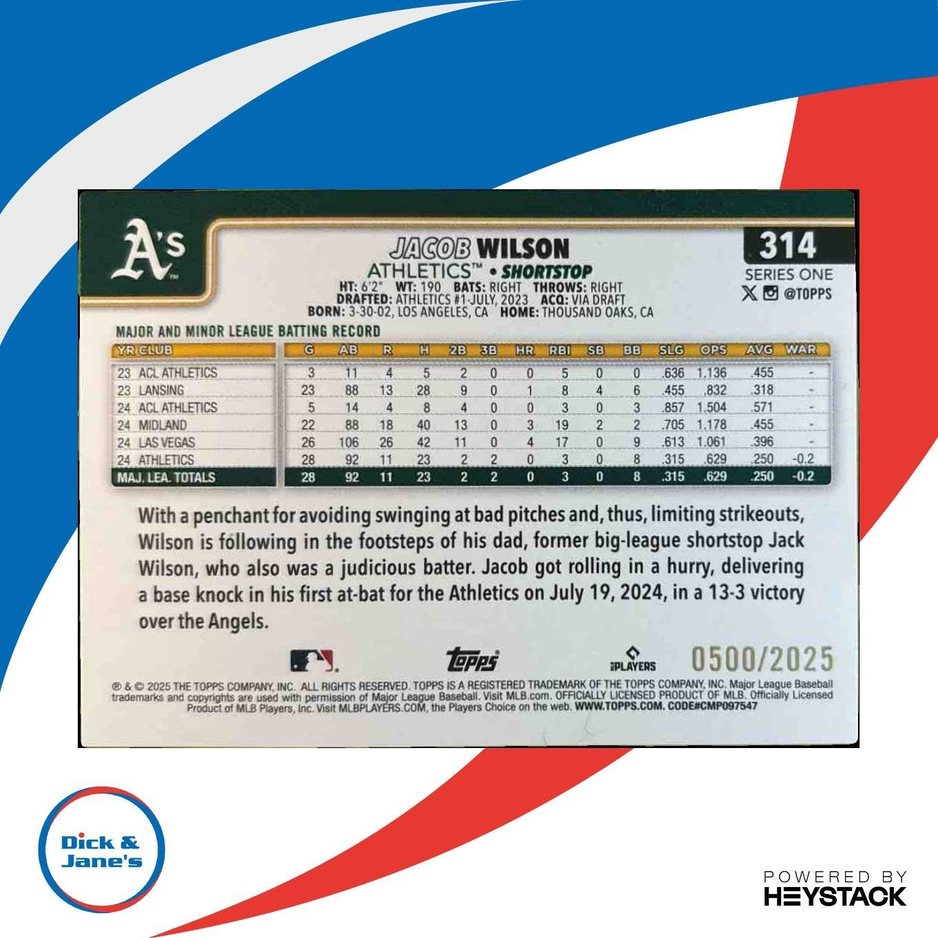 2025 Topps Jacob Wilson Gold 500/2025 #314 RC Oakland Athletics - Sports Cards