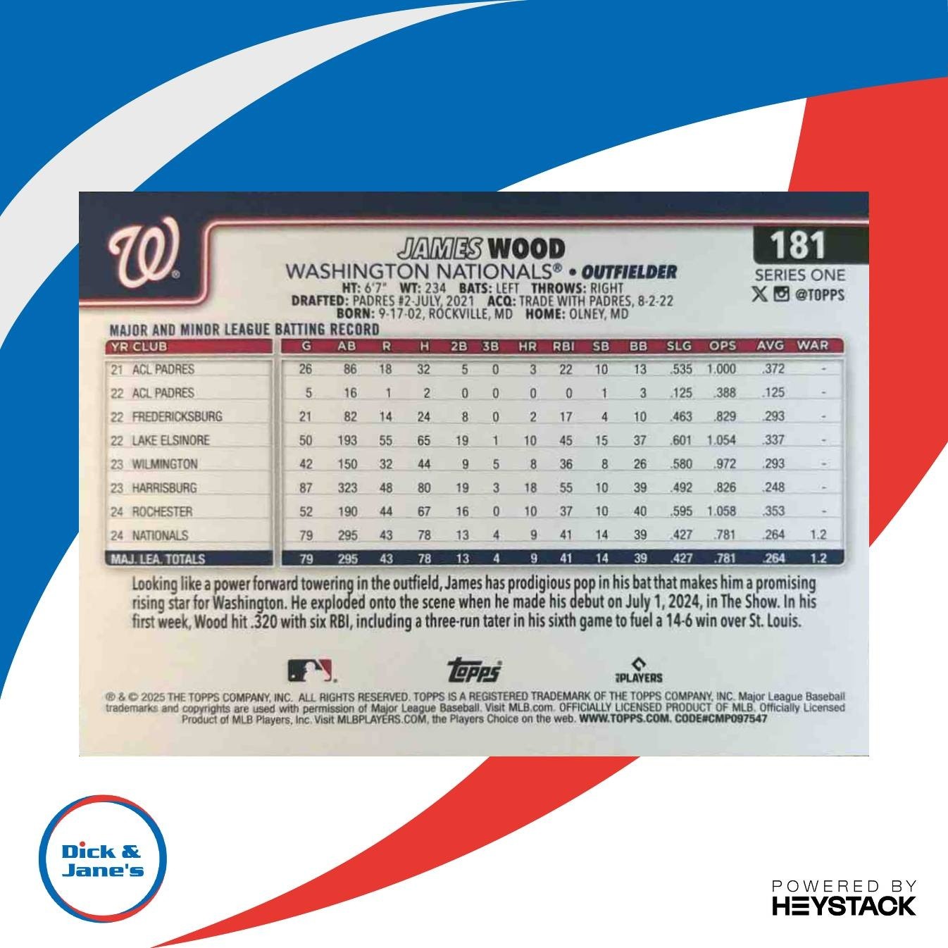 2025 Topps James Wood #181 RC Nationals - Sports Cards