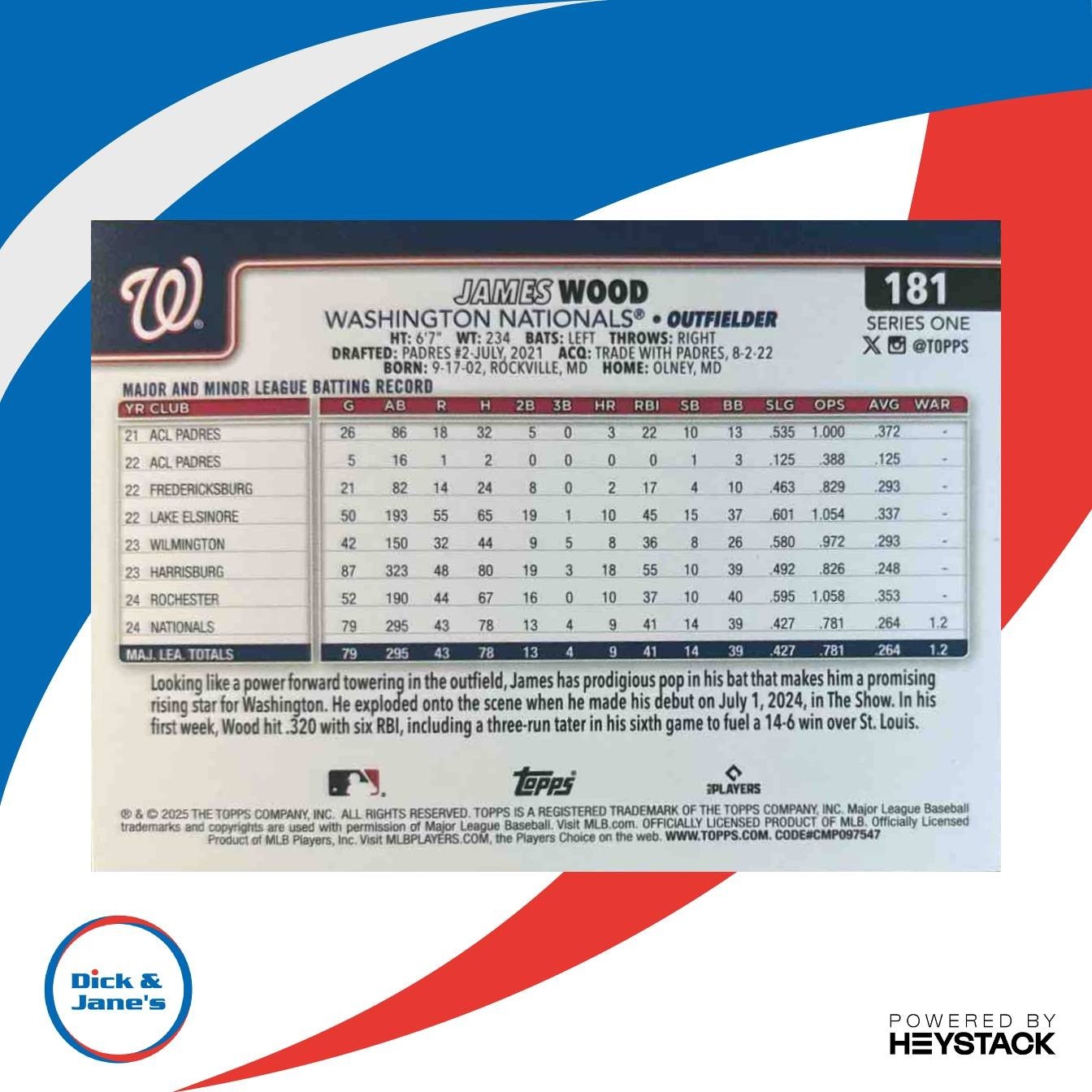 2025 Topps James Wood #181 RC Washington Nationals - Sports Cards