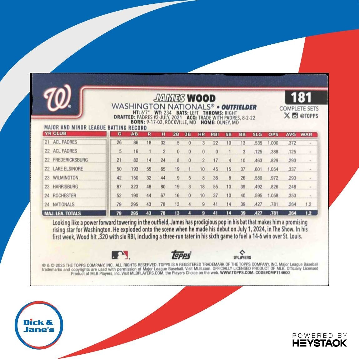 2025 Topps James Wood Retail Rookie Image Variation #181 RC Washington Nationals - Sports Cards