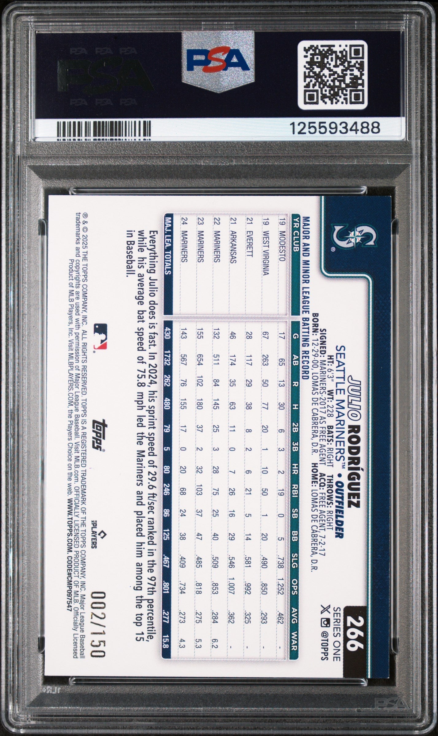 2025 Topps Julio Rodriguez Blue Holo Foil /150 #266 PSA 9 MINT - Graded Sports Cards