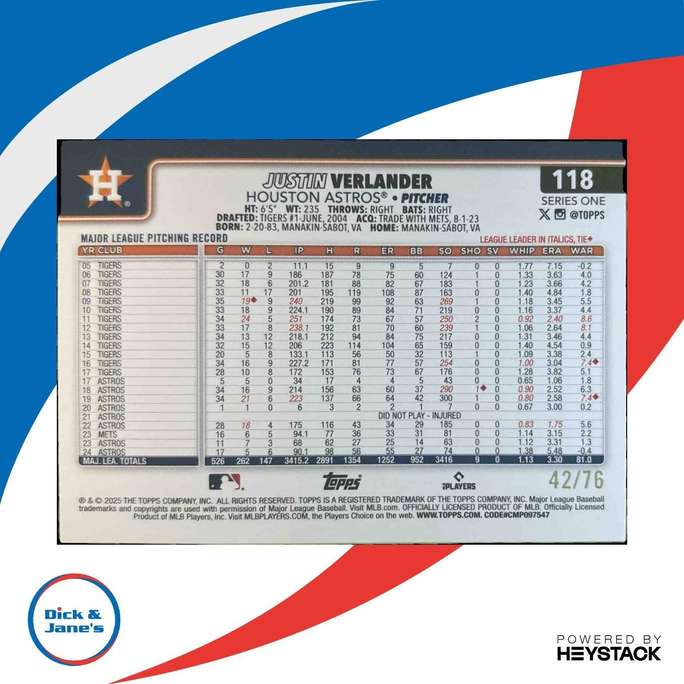 2025 Topps Justin Verlander Independence Day 42/76 #118 Houston Astros - Sports Cards