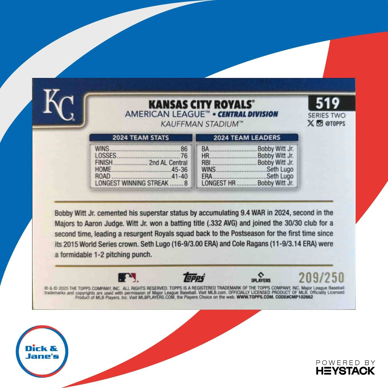 2025 Topps Kansas City Royals Purple Holo Foil 209/250 #519 - Sports Cards