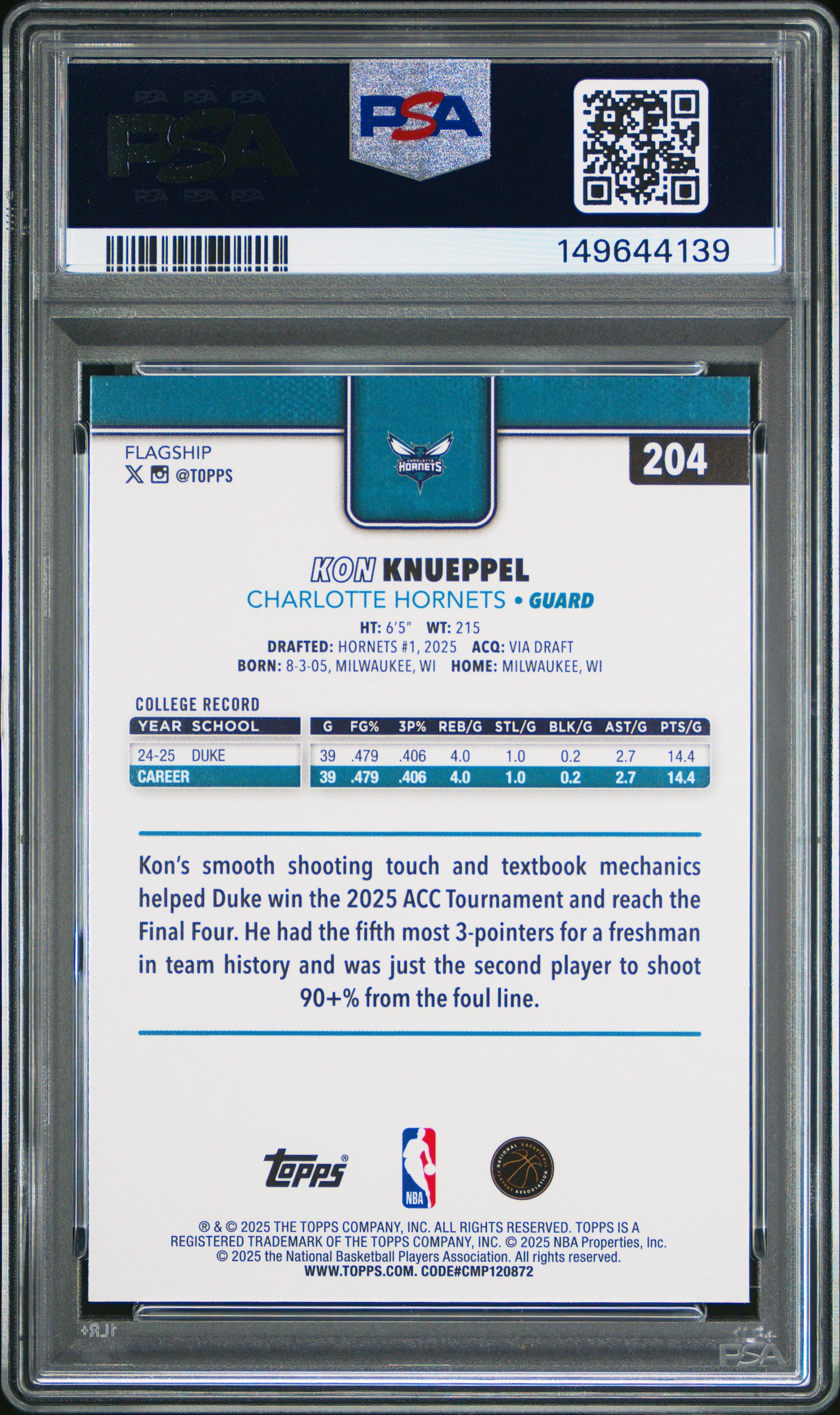 2025 Topps Kon Knueppel Holo Foil #204 PSA 9 - Graded Sports Cards