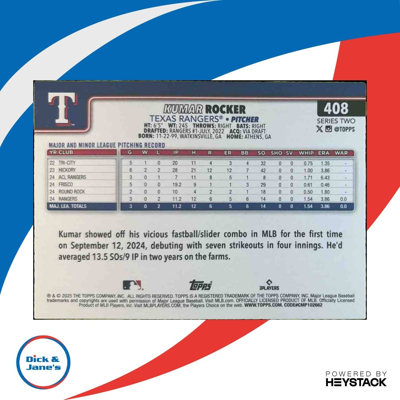 2025 Topps Kumar Rocker #408 RC Texas Rangers - Sports Cards