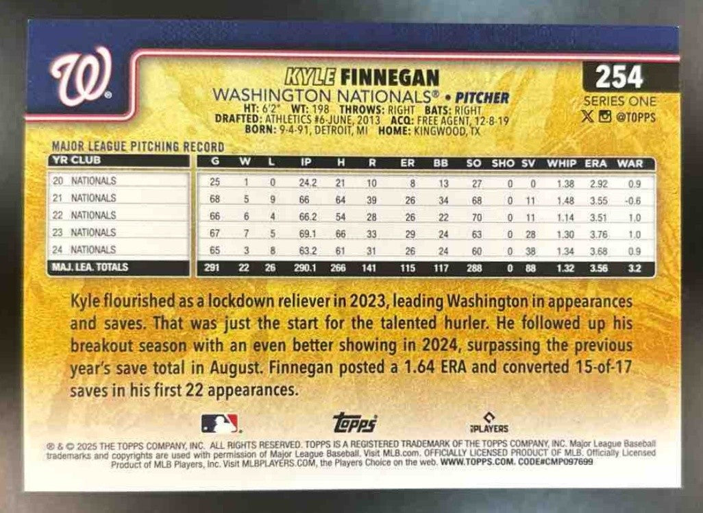 2025 Topps Kyle Finnegan Golden Mirror Variation SSP #254 Washington Nationals - Sports Cards