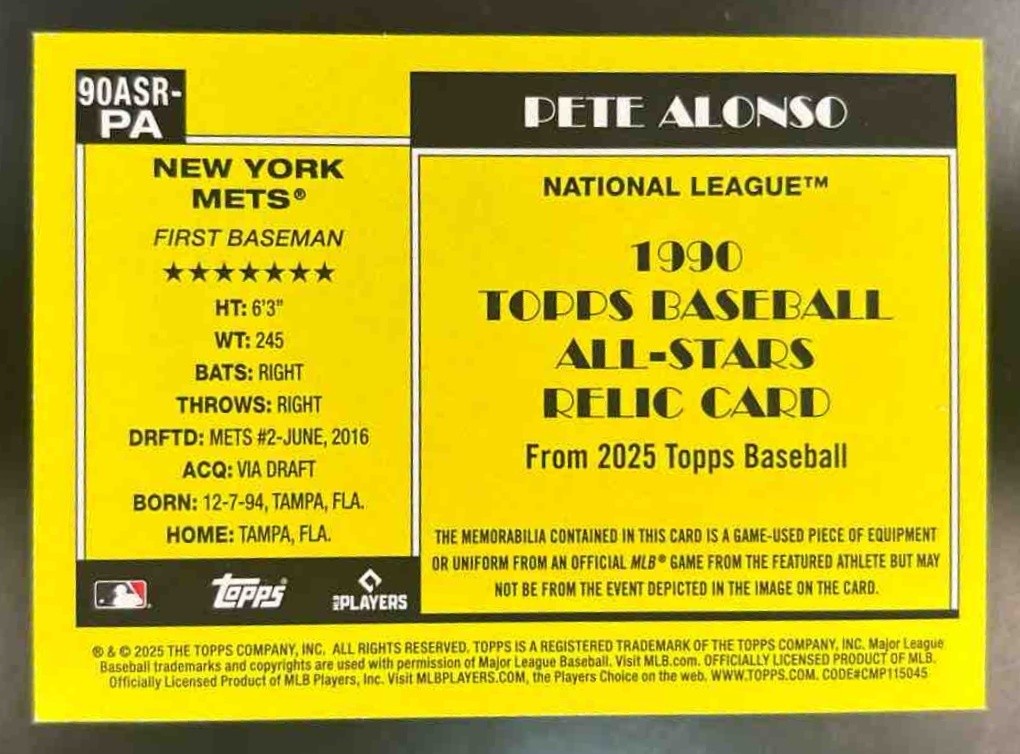 2025 Topps Pete Alonso 1990 Baseball All-Star Relics Series 2 MEM New York Mets - Sports Cards