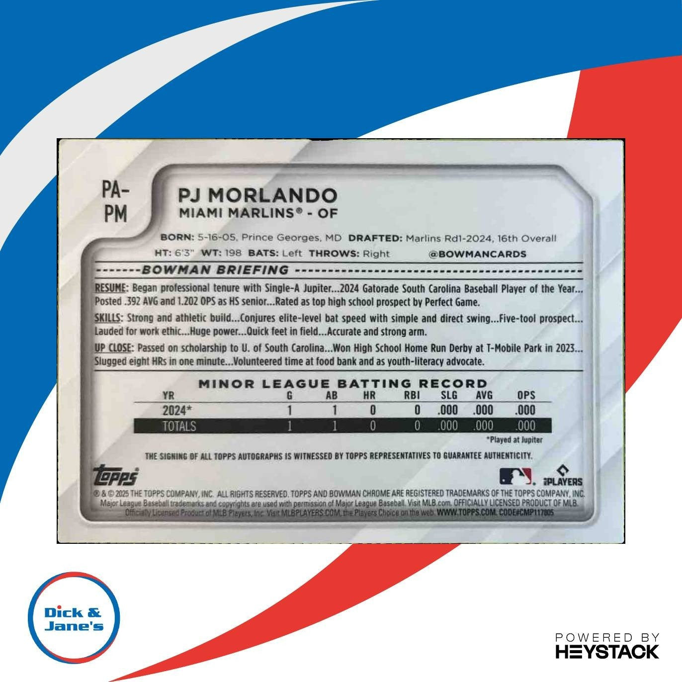 2025 Topps PJ Morelando Bowman Prospect Auto /50 #PA-PM Miami Marlins - Sports Cards