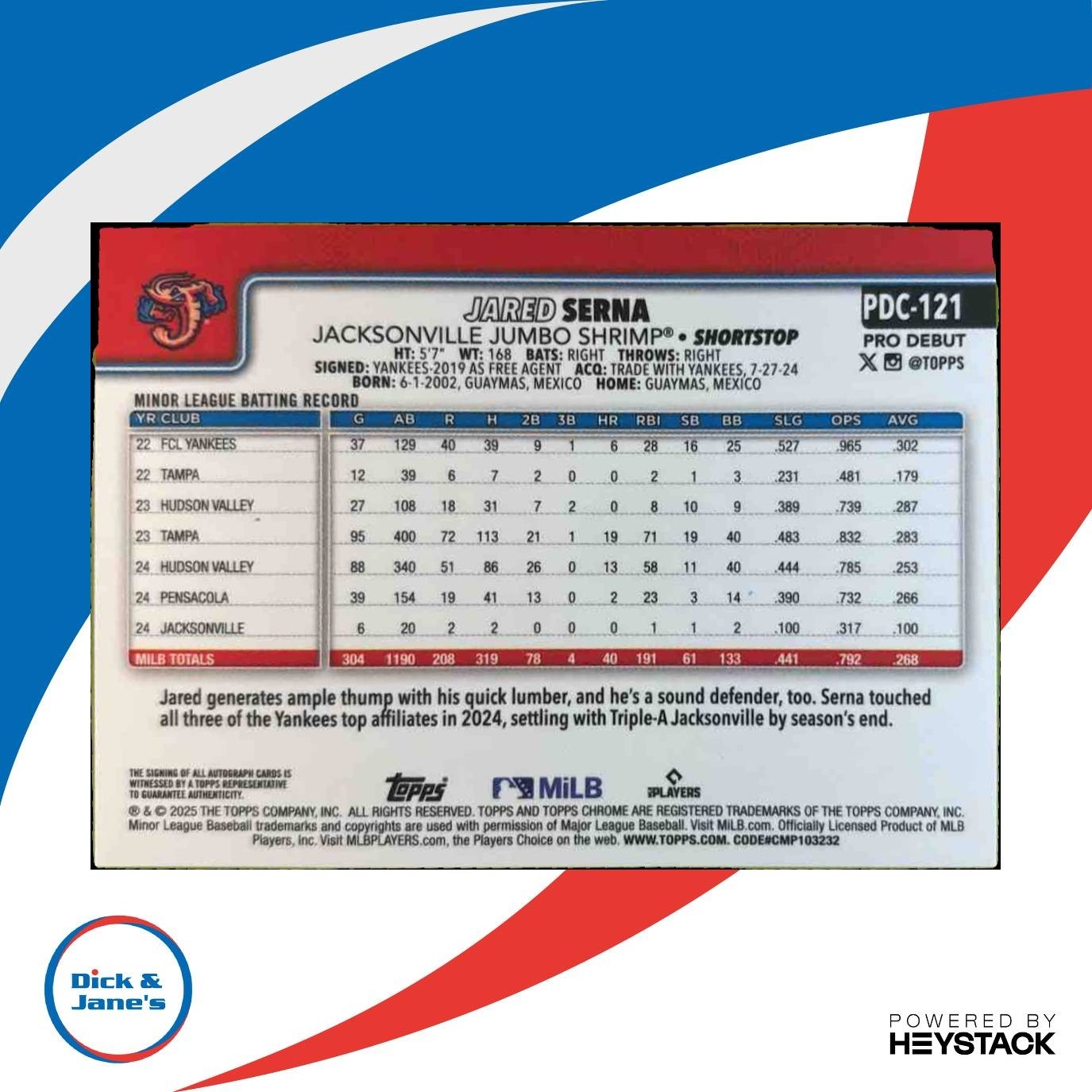 2025 Topps Pro Debut Jared Serna Chrome Auto Refractor /199 Jumbo Shrimp - Sports Cards