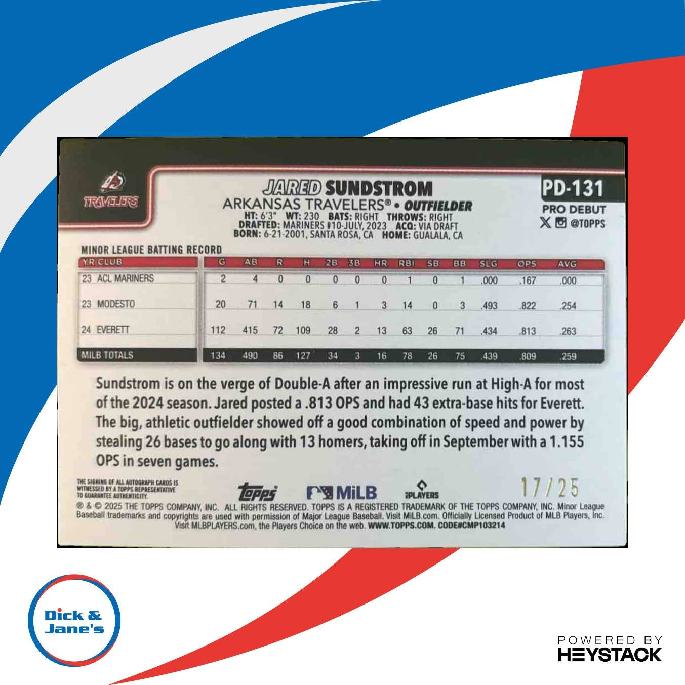 2025 Topps Pro Debut Jared Sundstrom Auto Orange Foil 17/25 #PD-131 Travelers - Sports Cards