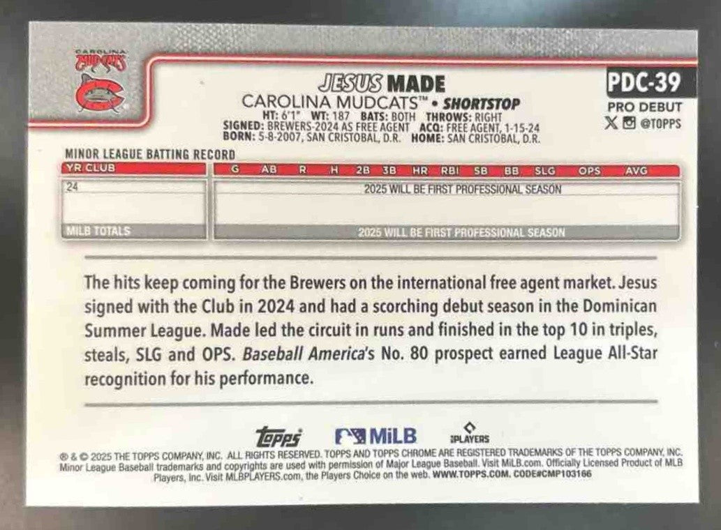 2025 Topps Pro Debut Jesus Made Chrome Blue /150 #PDC-39 Carolina Mudcats - Sports Cards