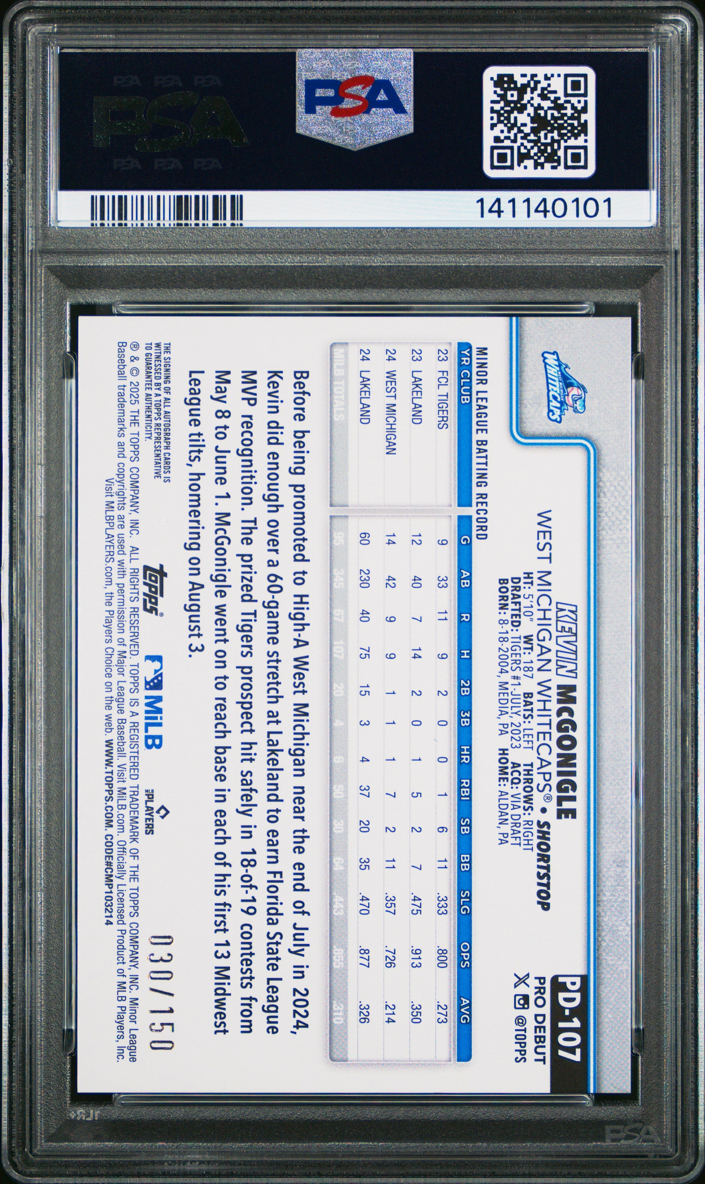 2025 Topps Pro Debut Kevin Mcgonigle Autograph Blue Foil 030/150 #107 PSA 8 - Graded Sports Cards
