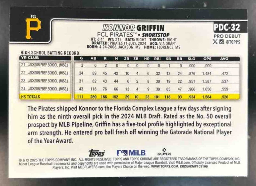 2025 Topps Pro Debut Konnor Griffin Chrome Blue Refractor /150 #PDC-32 Pirates - Sports Cards