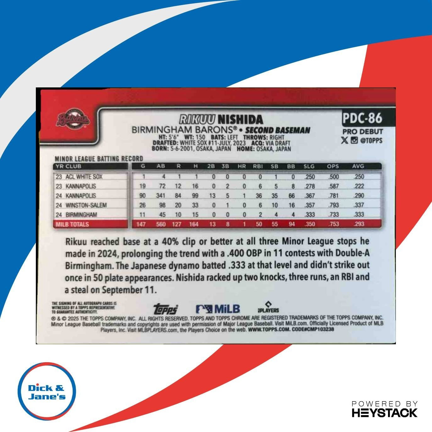 2025 Topps Pro Debut Rikuu Nishida Chrome Auto Green /99 Birmingham Barons - Sports Cards