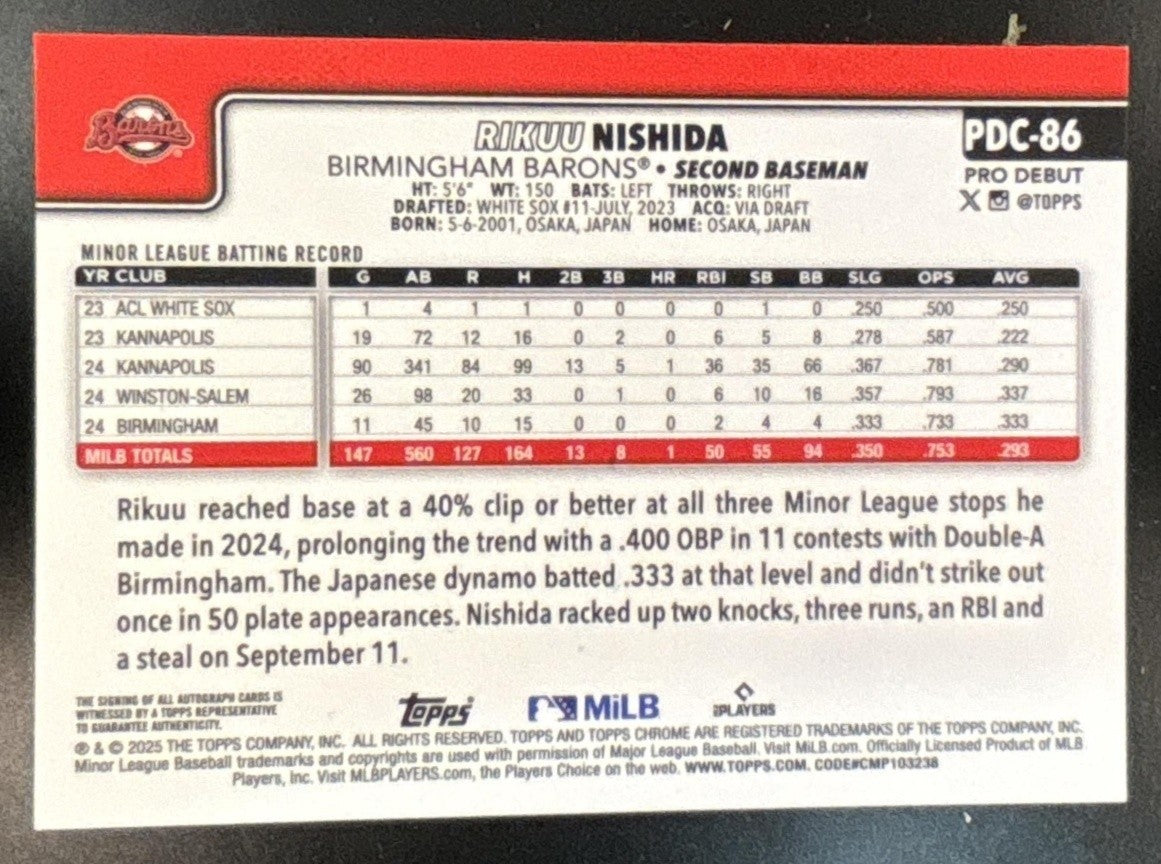 2025 Topps Pro Debut Rikuu Nishida Chrome Auto Refractor /199 #PDC-86 Barons - Sports Cards