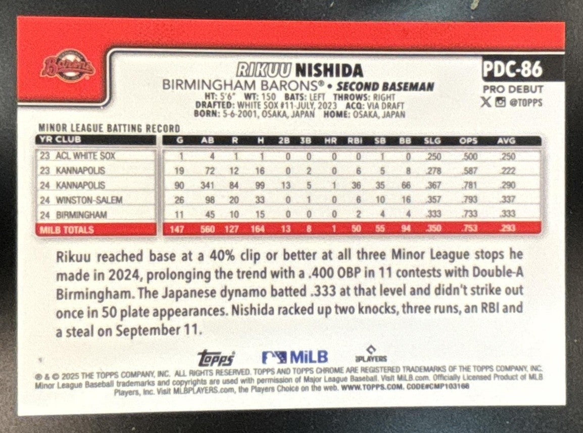 2025 Topps Pro Debut Rikuu Nishida Chrome Orange /25 #PDC-86 Birmingham Barons - Sports Cards