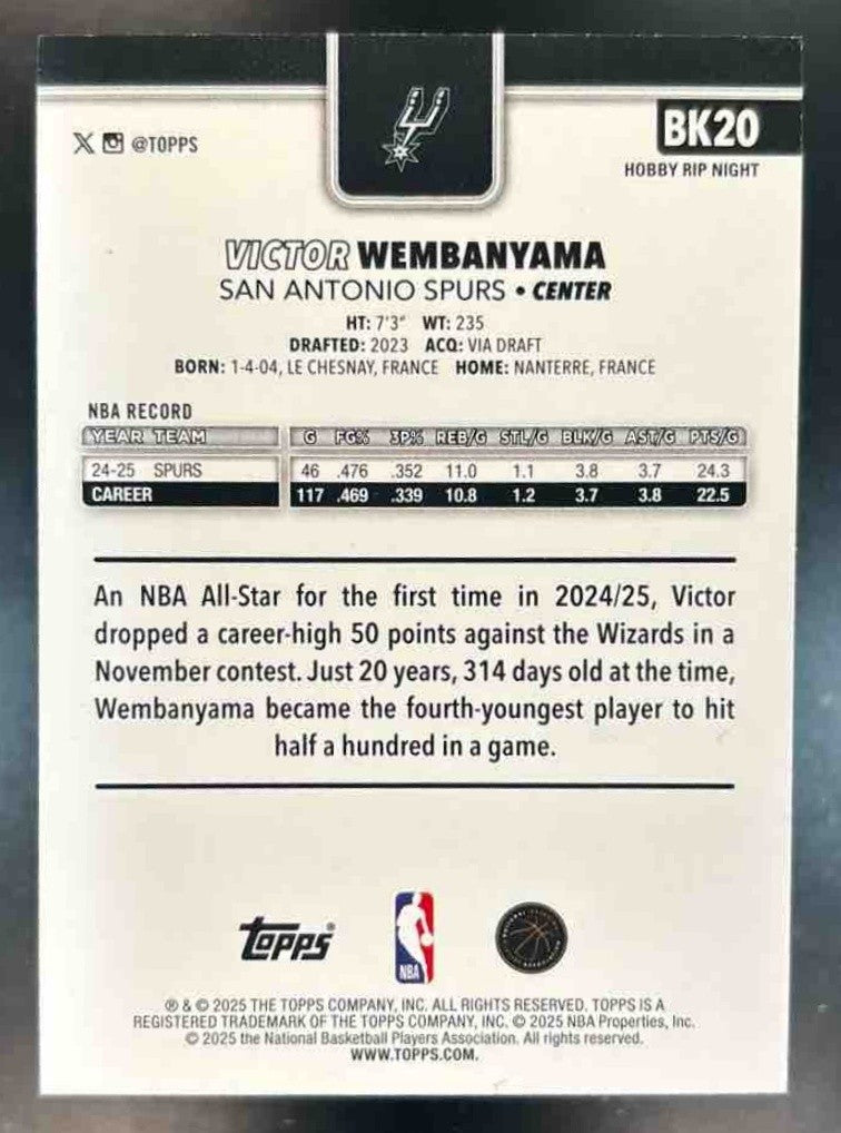 2025 Topps Rip Night Victor Wembanyama Blue San Antonio Spurs SSP #BK-20 - Sports Cards