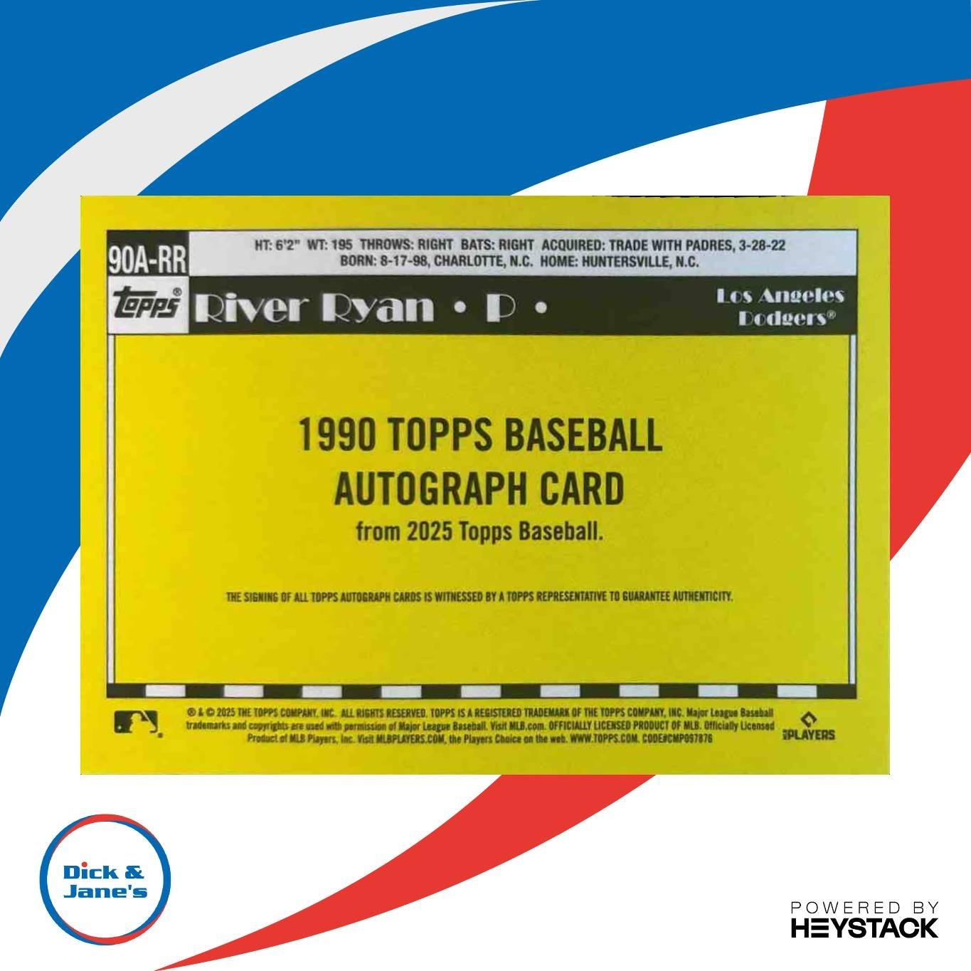 2025 Topps River Ryan 1990 Baseball Auto (Series 1) RC Los Angeles Dodgers - Sports Cards
