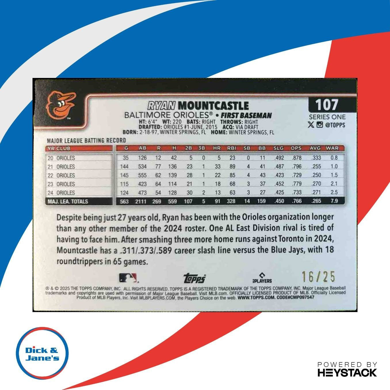 2025 Topps Ryan Mountcastle Orange Rainbow Foilboard /25 #107 Baltimore Orioles - Sports Cards