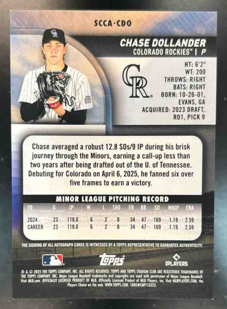 2025 Topps Stadium Club Chase Dollander Chrome Auto RC Colorado Rockies - Sports Cards