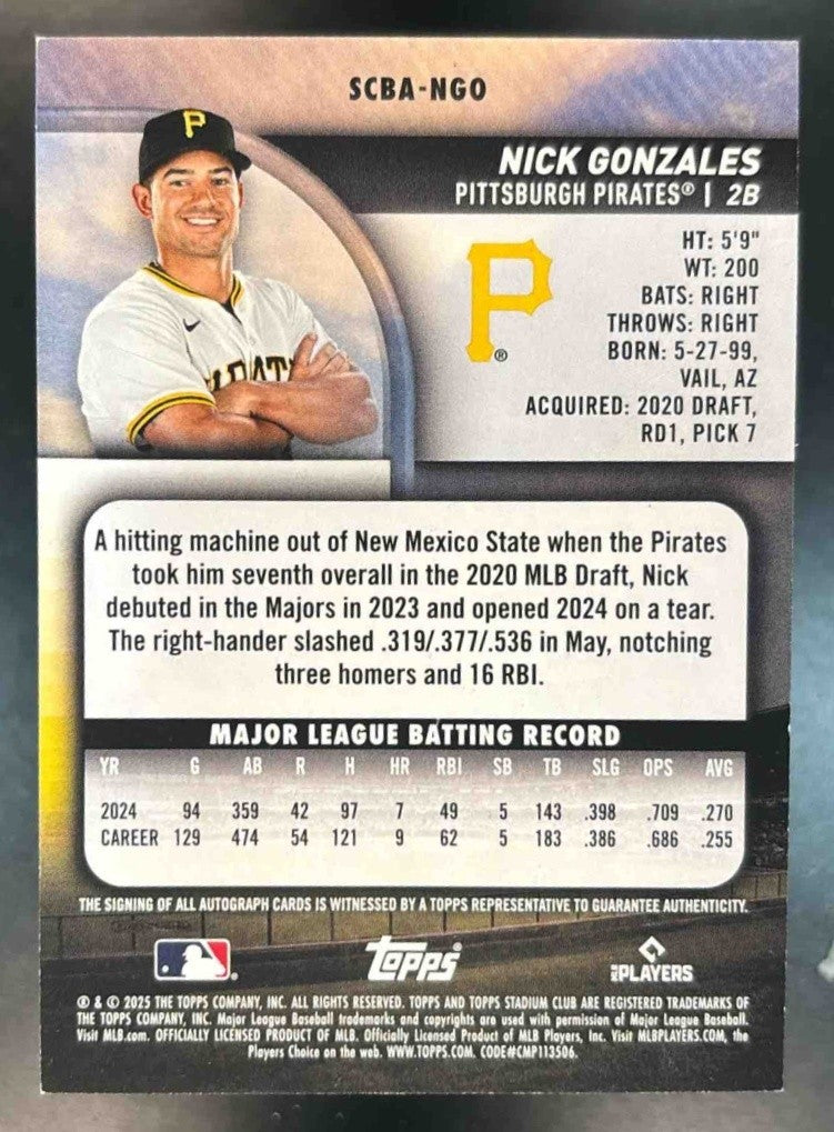 2025 Topps Stadium Club Nick Gonzales Auto Pittsburgh Pirates - Sports Cards