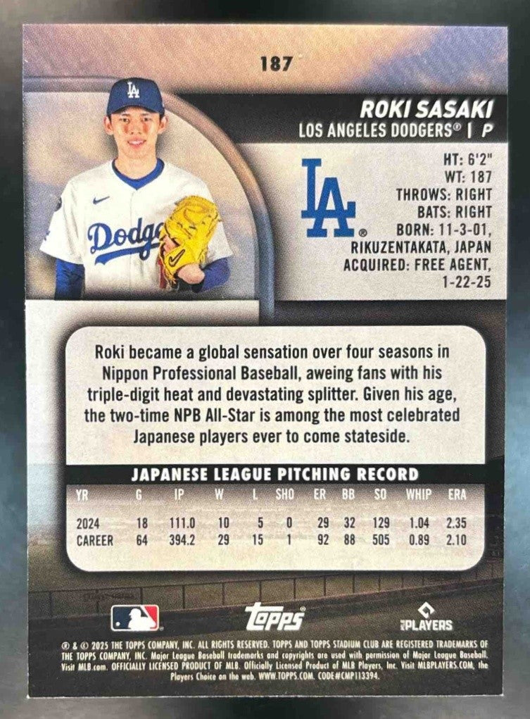 2025 Topps Stadium Club Roki Sasaki Lime Green Foil #187 RC Los Angeles Dodgers - Sports Cards