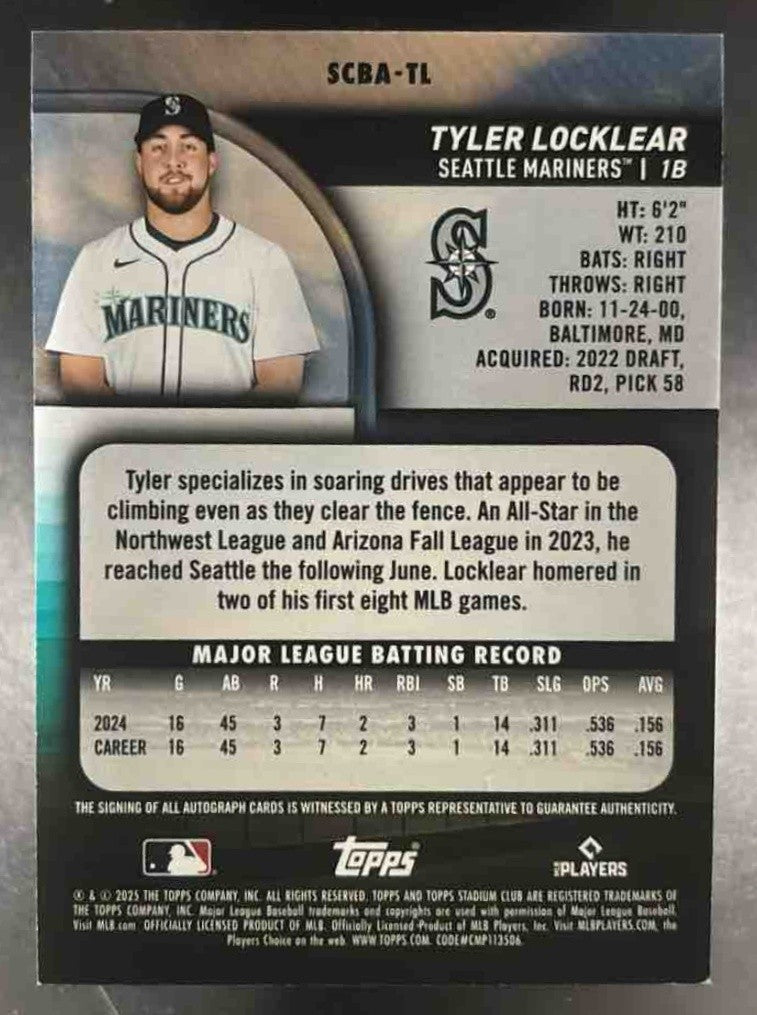 2025 Topps Stadium Club Tyler Locklear Auto Yellow Foil Seattle Mariners - Sports Cards
