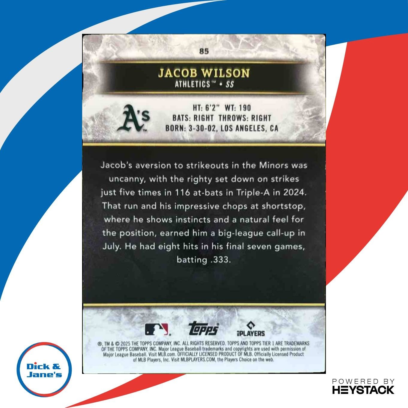 2025 Topps Tier One Jacob Wilson 3 Green Foil 18/99 #85 RC Athletics - Sports Cards