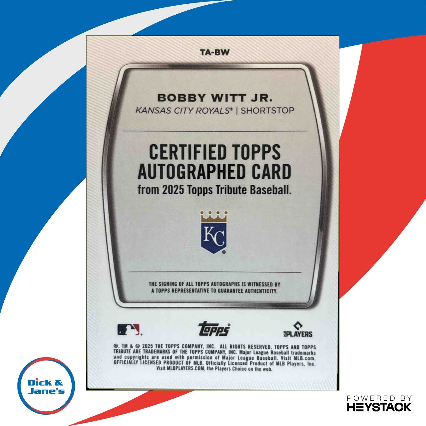 2025 Topps Tribute Bobby Witt Jr. Auto Orange 20/25 #TA-BW Kansas City Royals - Sports Cards