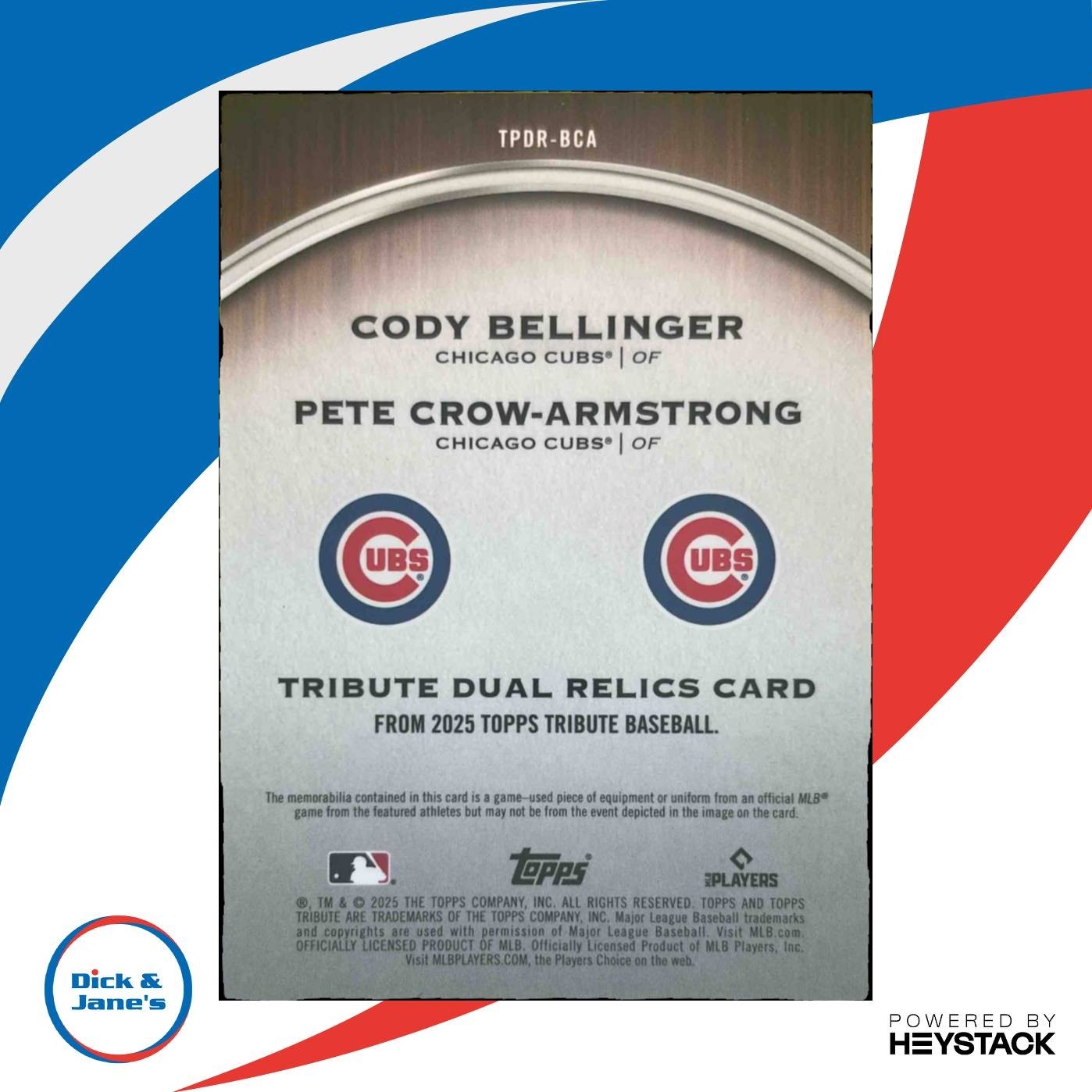 2025 Topps Tribute Cody Bellinger Pete Crow-Armstrong Dual- Relics Gold /75 Cubs - Sports Cards