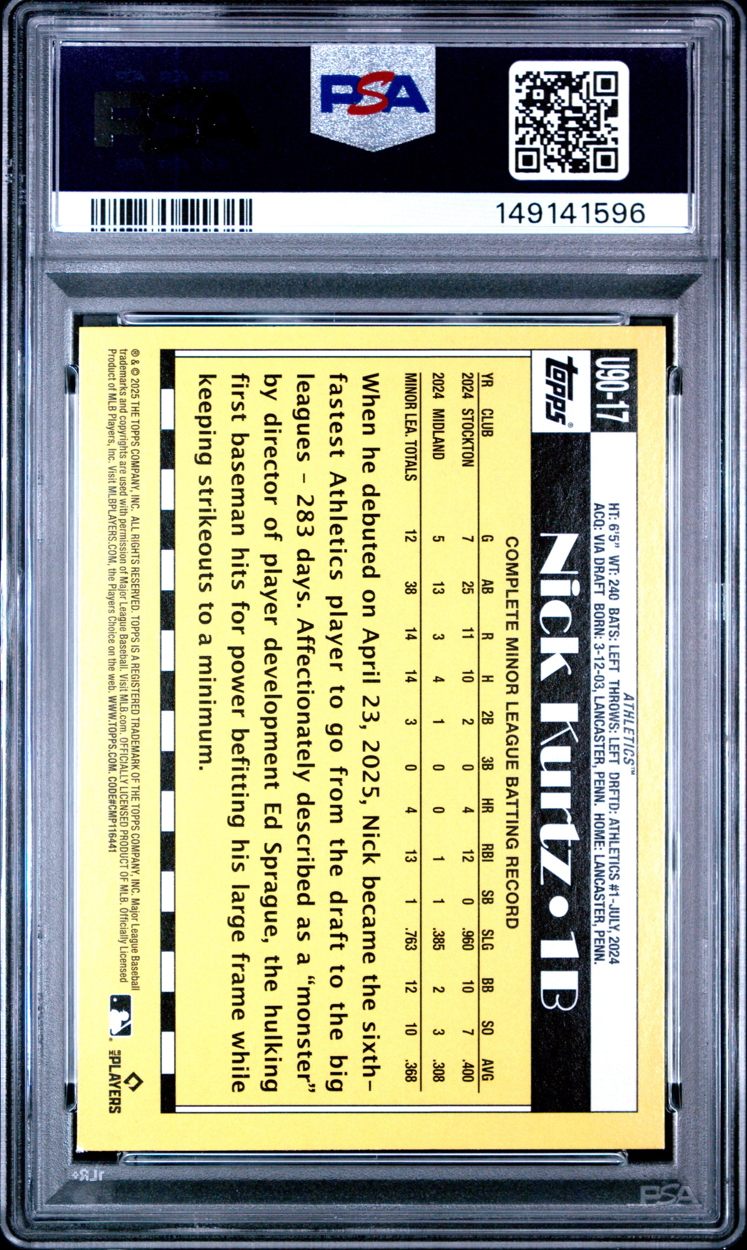 2025 Topps Update 1990 Topps Baseball Nick Kurtz Rookie #17 PSA 9 MINT Athletics - Graded Sports Cards