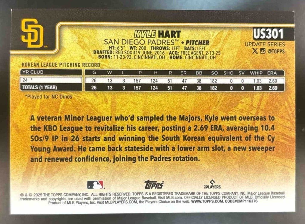 2025 Topps Update Kyle Hart Golden Mirror Image Variation #US301 RC Padres - Sports Cards
