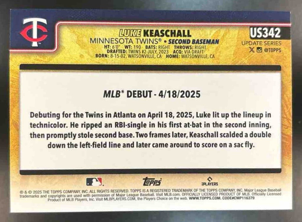 2025 Topps Update Luke Keaschall Golden Mirror Image Variation #US342 RC Twins - Sports Cards