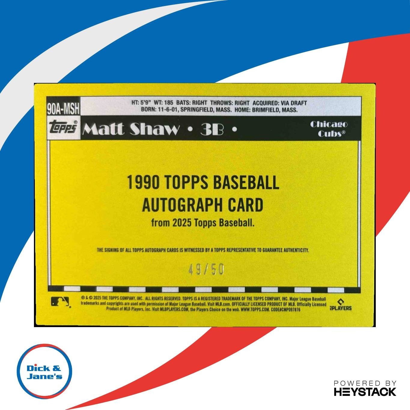 2025 Topps Update Matt Shaw 1990 Auto Gold Foil 49/50 #90A-MSH RC Chicago Cubs - Sports Cards