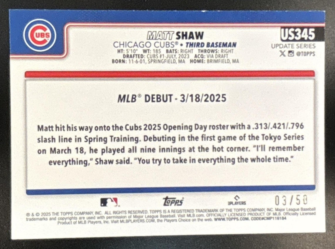 2025 Topps Update Matt Shaw Canvas /50 #US345 RC Rookie Debut Chicago Cubs - Sports Cards