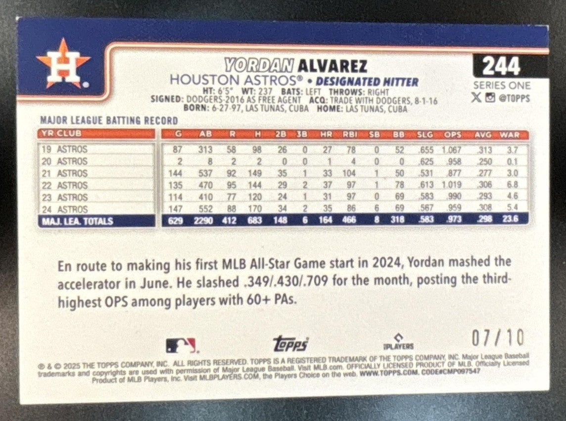 2025 Topps Yordan Alvarez Black Diamante /10 #244 Houston Astros - Sports Cards