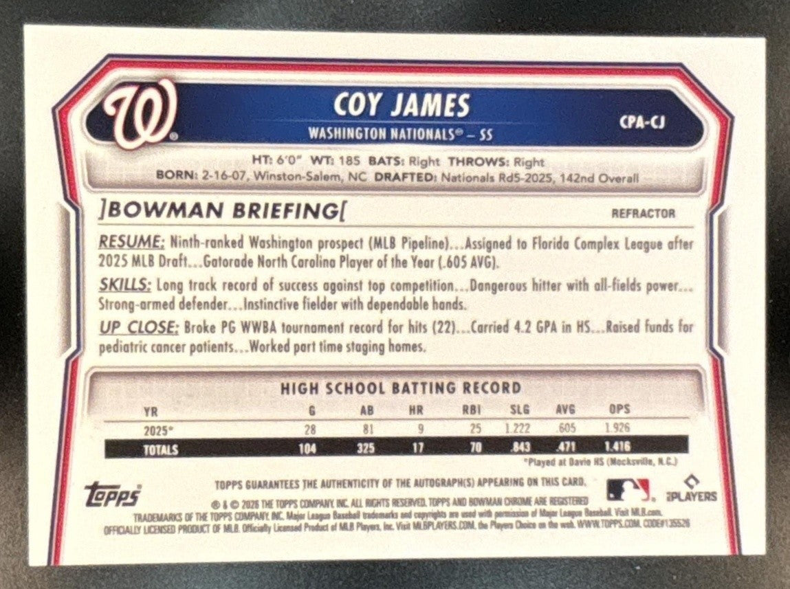 2026 Bowman Coy James Chrome Auto Refractor /499 #CPA-CJ 1st Prospect Nationals - Sports Cards