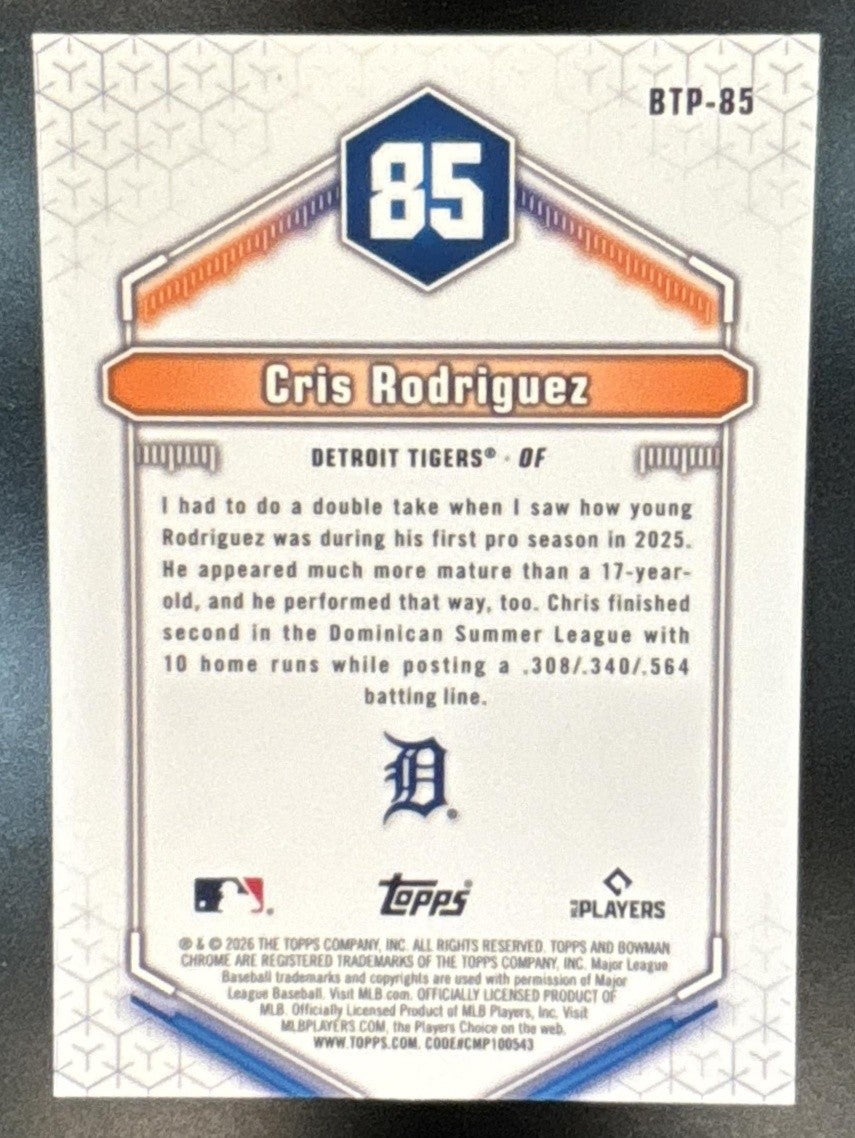 2026 Bowman Cris Rodriguez Scouts Top 100 Chrome Gold /50 #BTP-85 Detroit Tigers - Sports Cards