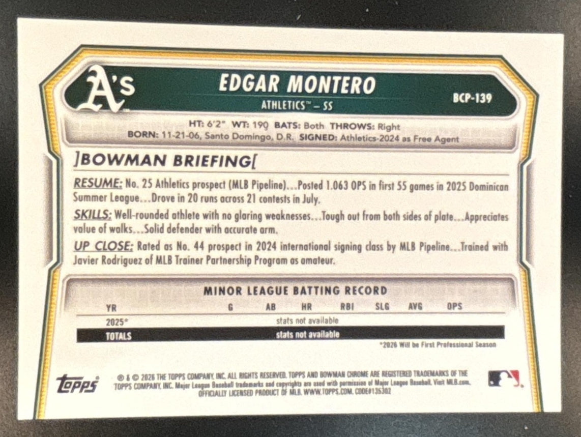 2026 Bowman Edgar Montero Chrome Gold /50 #BCP-139 1st Prospect Athletics - Sports Cards