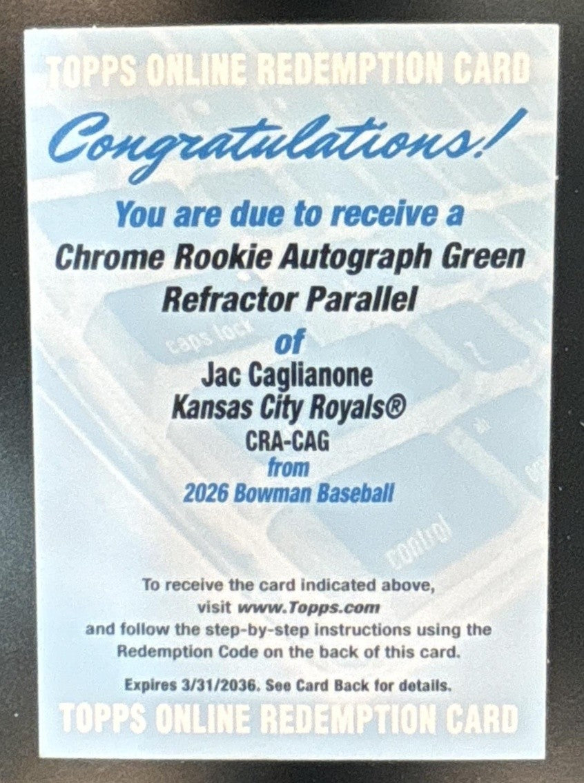 2026 Bowman Jac Caglianone Chrome Rookie Auto Green Refractor /99 RC KC Royals - Sports Cards
