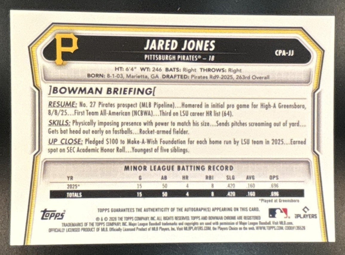2026 Bowman Jared Jones Chrome Auto #CPA-JJ 1st Prospect Pittsburgh Pirates - Sports Cards
