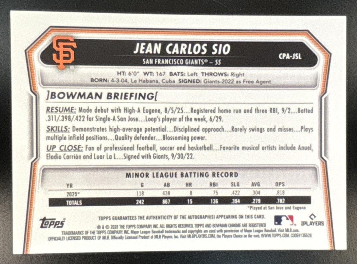 2026 Bowman Jean Carlos Sio Chrome Auto Green Lava /99 1st Prospect Giants - Sports Cards