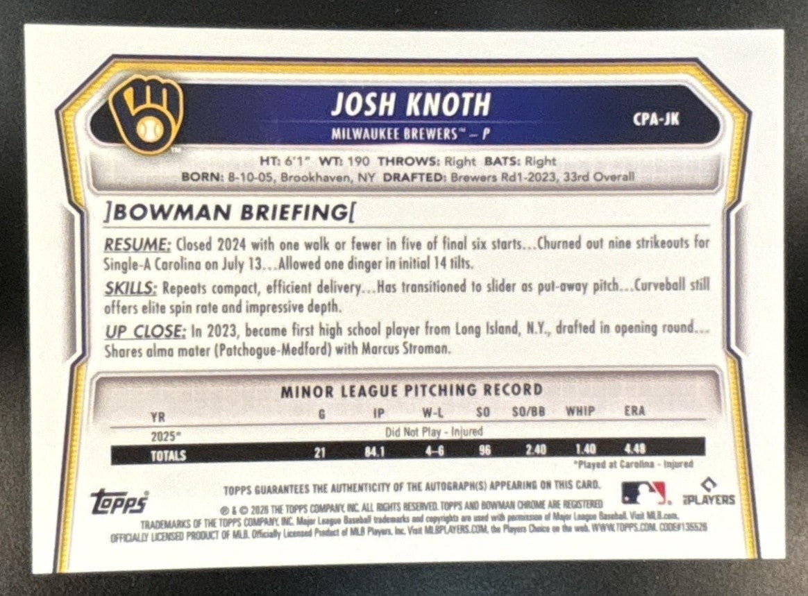 2026 Bowman Josh Knoth Chrome Prospect Auto HTA Choice Refractor /150 Brewers - Sports Cards