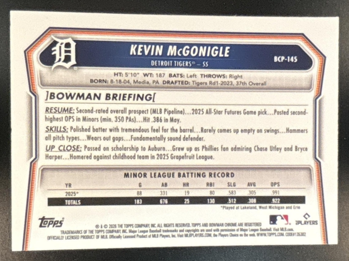 2026 Bowman Kevin McGonigle Chrome Prospects Lava /399 #BCP-145 Detroit Tigers - Sports Cards