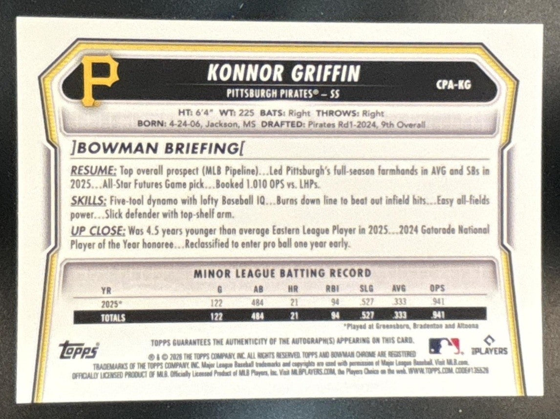 2026 Bowman Konnor Griffin Chrome Prospect Auto Blue X-Fractor /150 Pirates - Sports Cards