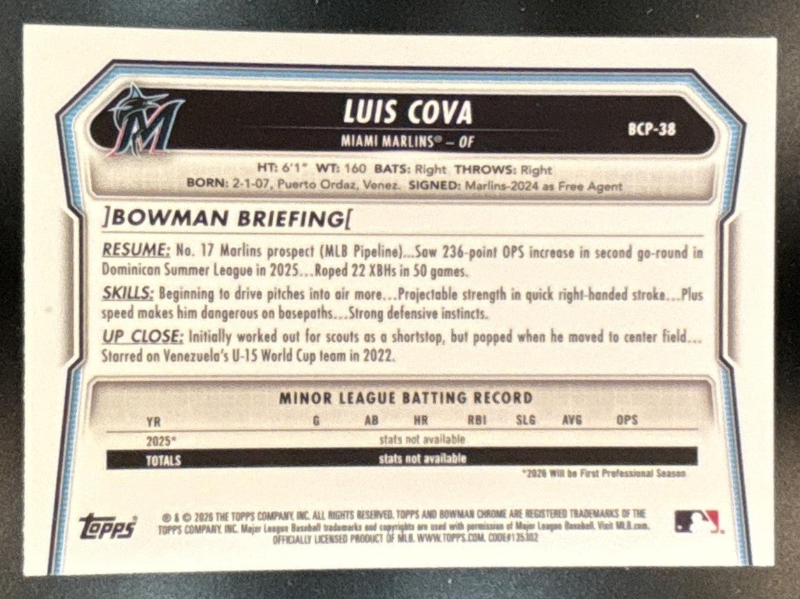 2026 Bowman Luis Cova Chrome Fuchsia Wave /199 #BCP-38 1st Prospect Marlins - Sports Cards