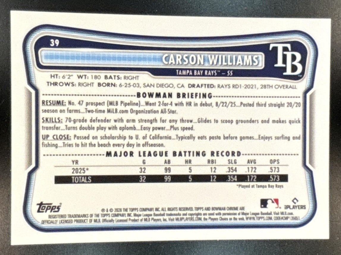 2026 Bowman Mega Box Carson Williams Chrome Red Mojo /5 #39 RC Tampa Bay Rays - Sports Cards