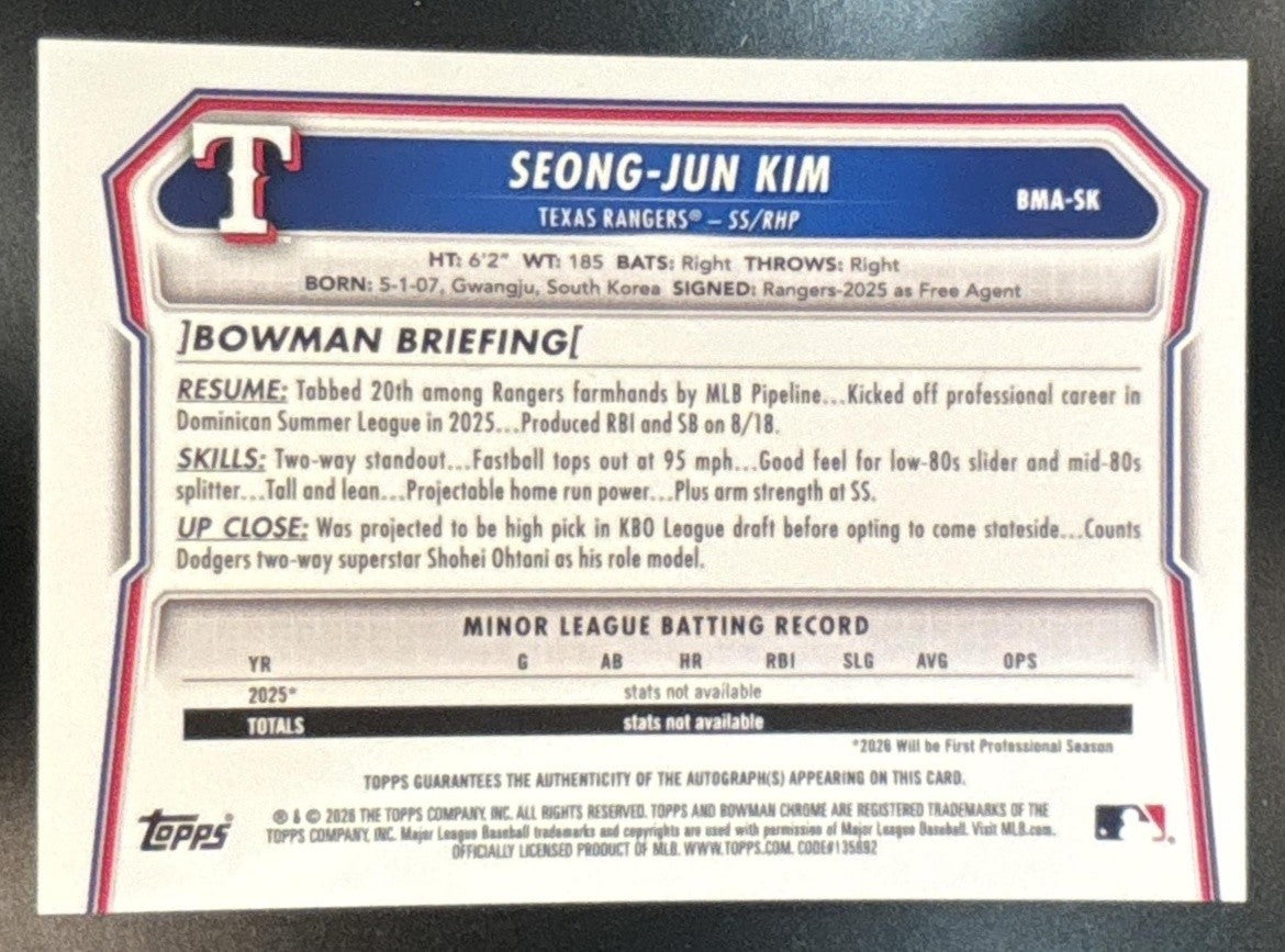 2026 Bowman Mega Box Seong-Jun Kim Chrome Prospect Auto Purple Mojo /199 - Sports Cards