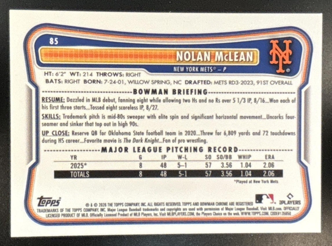 2026 Bowman Nolan McLean Chrome Rookie Red RC Variation #85 New York Mets - Sports Cards
